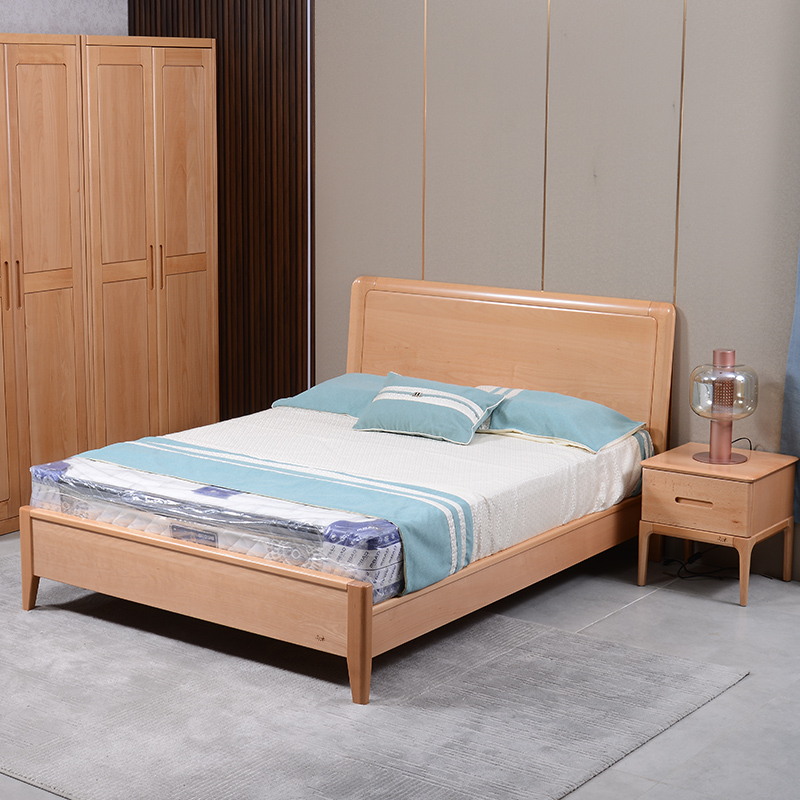 梦星魂榉木实木床双人婚床工厂直销原木色木头质1.8米1.5中式北欧高箱床 榉木高箱床